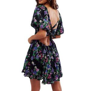 Free People‎ Perfect Day Printed Dress Floral Smocked Puff Sleeve Tie Back New S